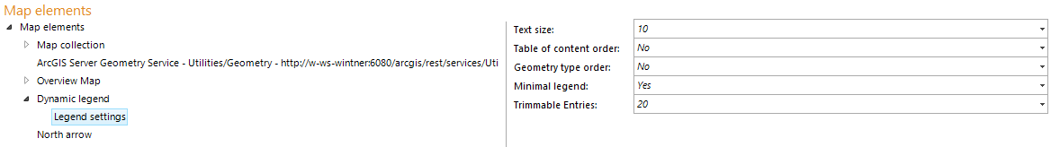 Legend settings configuration in the map elements