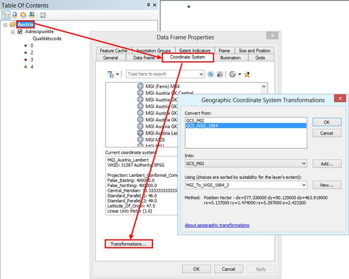 Configuration of a transformation to WGS84 on the main map service