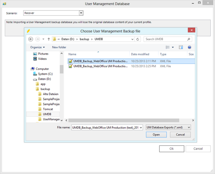 Choose a backup UMDB file