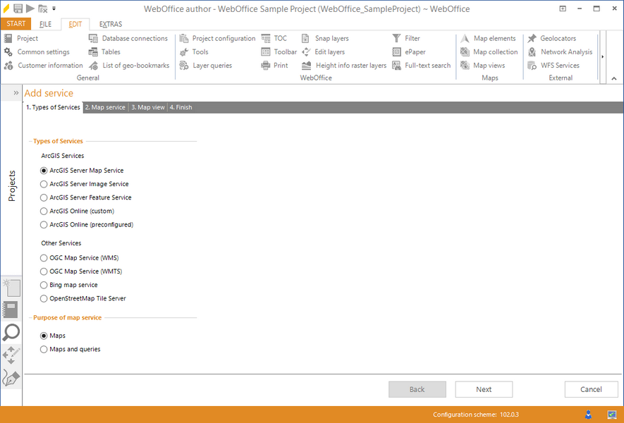 Wizard "Add service" - choose the type of service and its purpose