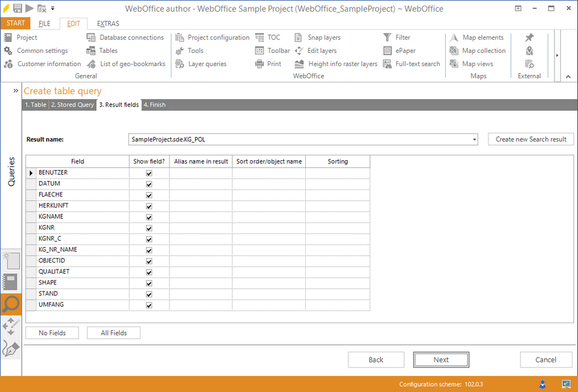 Wizard "Create table query" - select result fields