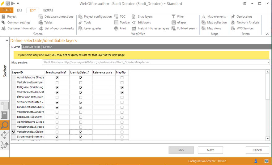 Wizard "Define Selectable/Identifiable Layer" - Selection of the Map server and layer configuration