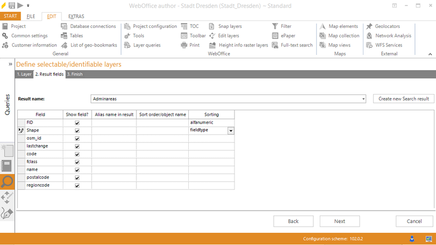 Wizard "Define Selectable/Identifiable Layers" - Definition of the Result fields