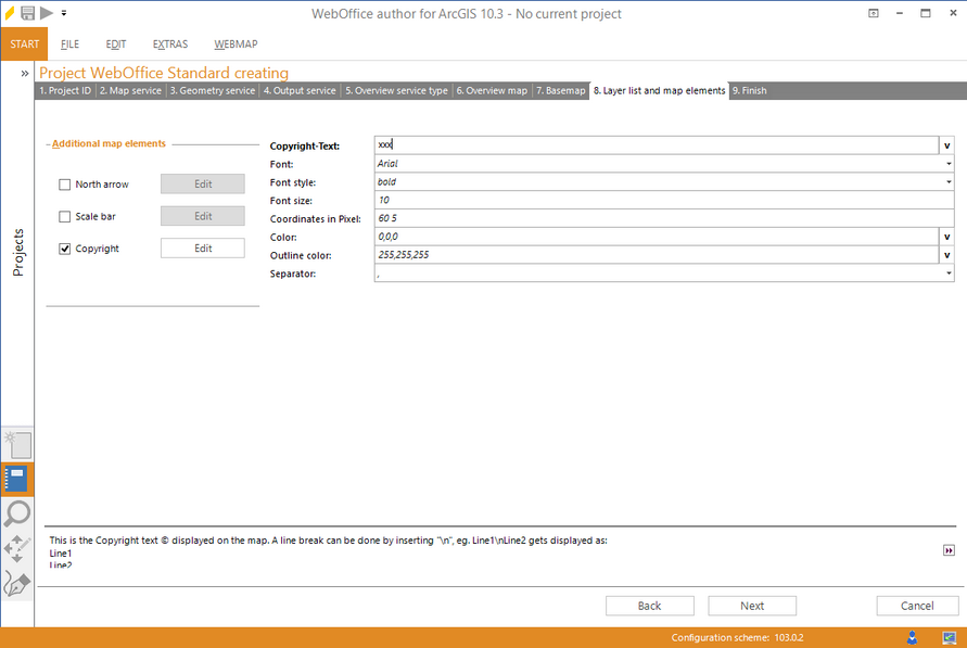 Wizard "Create Project" - configuring a copyright text