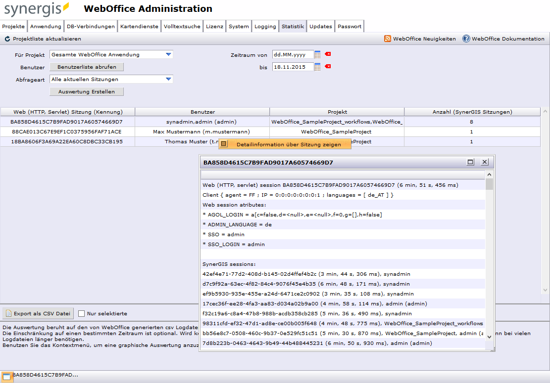 SynAdmin Reiter Statistik - Alle aktuellen Sitzungen