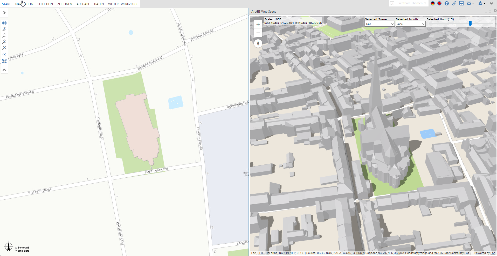 WebOffice core mit Webszene-Fenster in der rechten Hälfte des Hauptkartenbereiches WebOffice core mit Webszene-Fenster in der rechten Hälfte des Hauptkartenbereiches