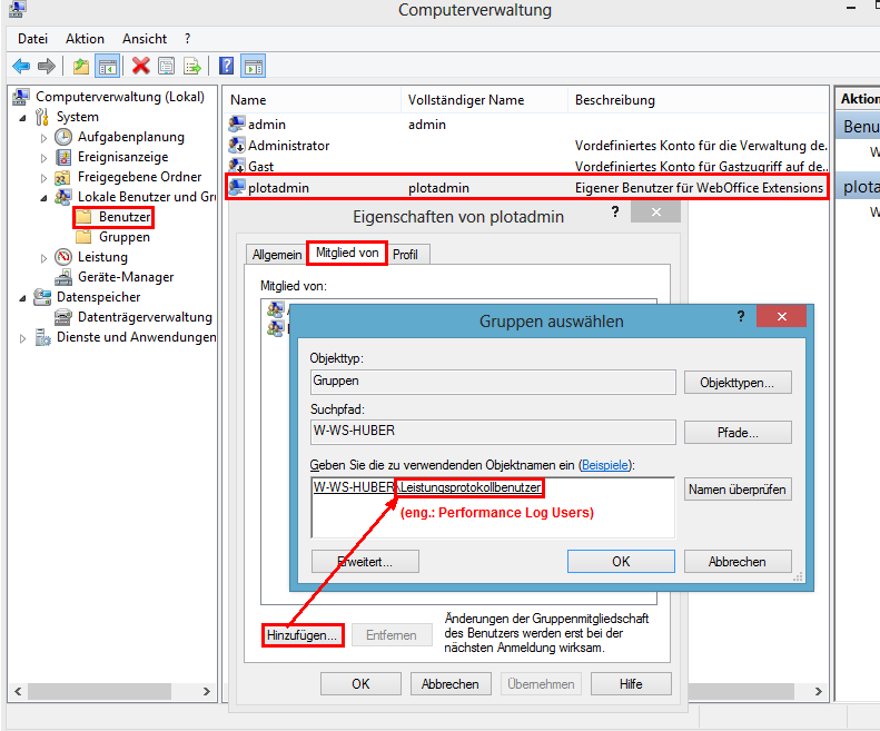 Windows Computerverwaltung - Extension Benutzer muss der Gruppe "Leistungsprotokollbenutzer" hinzugefügt werden Windows Computerverwaltung - Extension Benutzer muss der Gruppe "Leistungsprotokollbenutzer" hinzugefügt werden