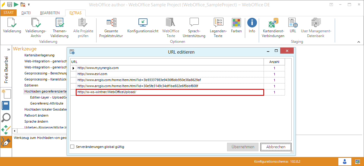 Überprüfen der WebOfficeUpload URL im WebOffice author