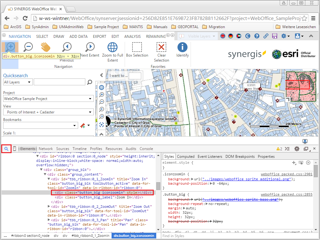 Verwendung der Lupe, um die Klasse des Werkzeug-Icons zu identifizieren