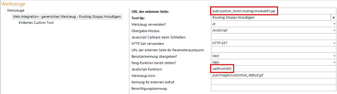 Konfiguration Custom Tool für Routing Stops