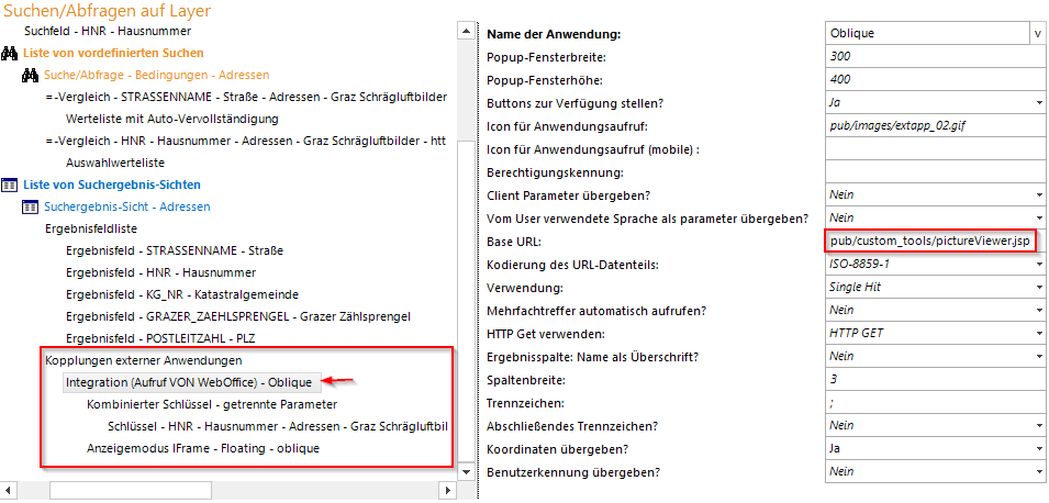 Konfiguration einer Integration (Aufruf VON WebOffice) zum Aufruf des Schrägluftbilder Tool aus der Suchergebnis-Sicht (1)