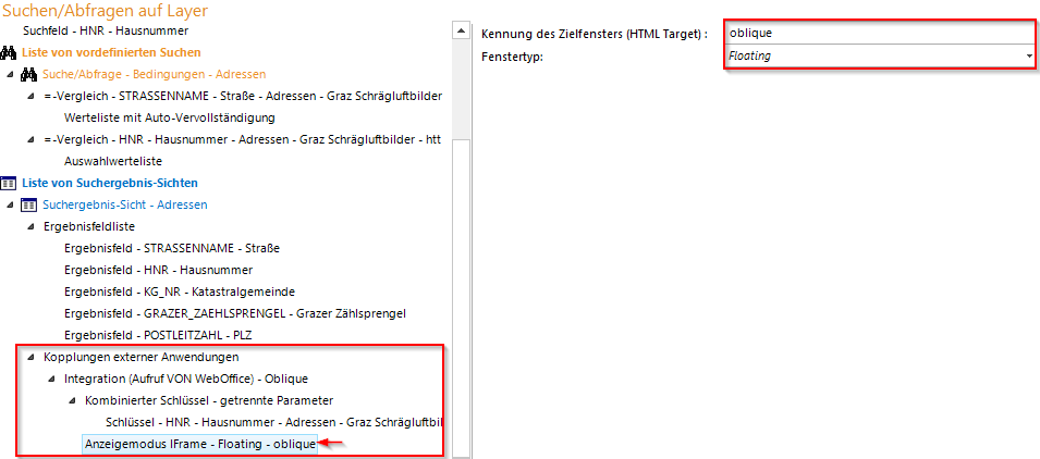 Konfiguration einer Integration (Aufruf VON WebOffice) zum Aufruf des Schrägluftbilder Tool aus der Suchergebnis-Sicht (2)