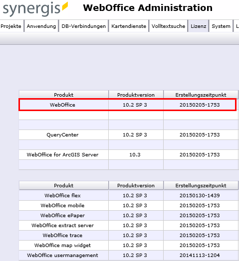 WebOffice Software Version (Erstellungszeitpunkt)