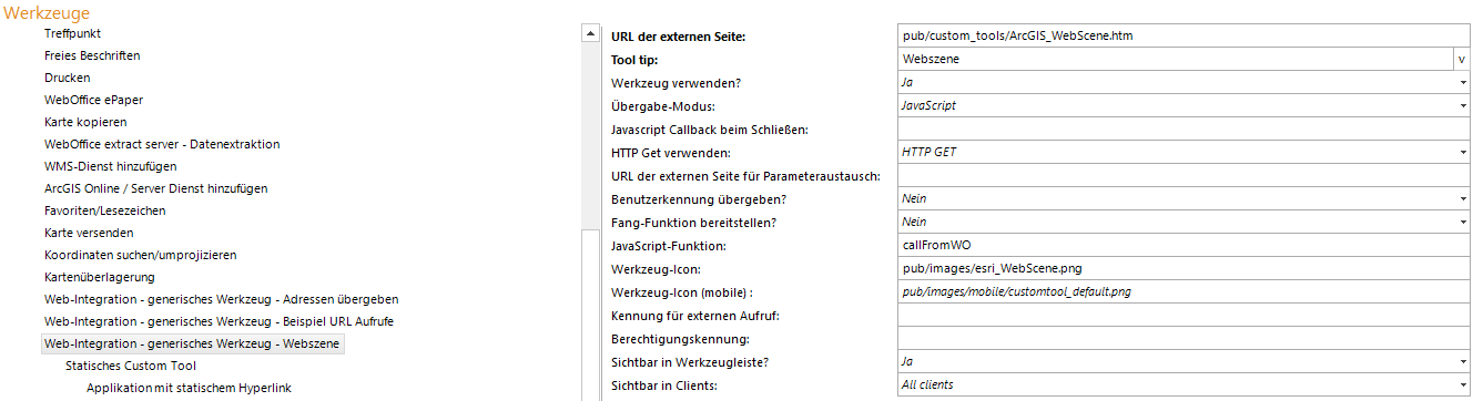 Konfiguration eines generischen Werkzeuges für Webszene