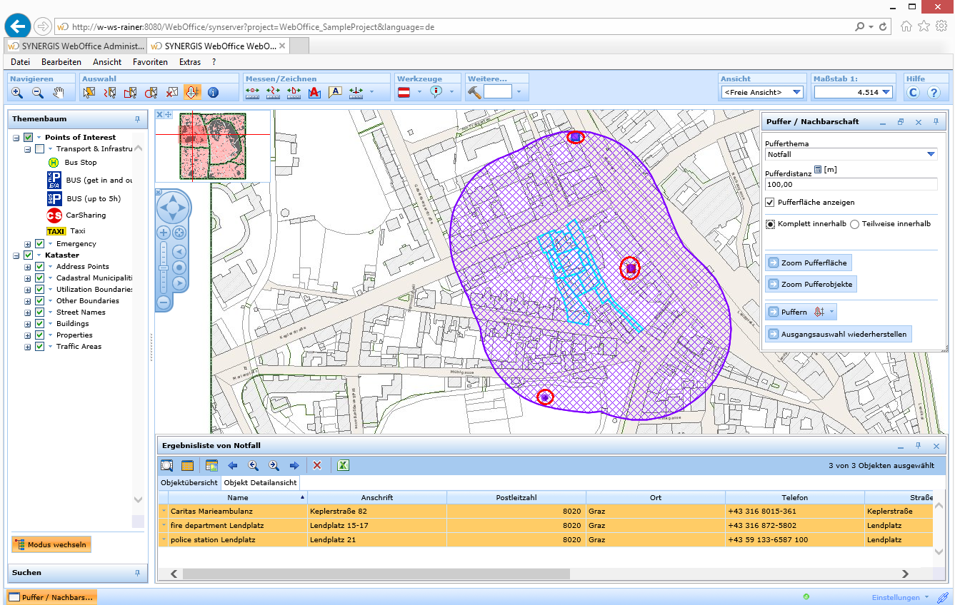 Ergebnis vom Puffern mit drei Objekten die sich komplett innerhalb der Pufferfläche befinden