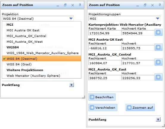 Verschiedene Werkzeugdialoge im WebOffice html Client in Abhängigkeit davon, ob alle Projektionen verwendet werden können - Nein (links) und Ja (rechts) Verschiedene Werkzeugdialoge im WebOffice html Client in Abhängigkeit davon, ob alle Projektionen verwendet werden können - Nein (links) und Ja (rechts)