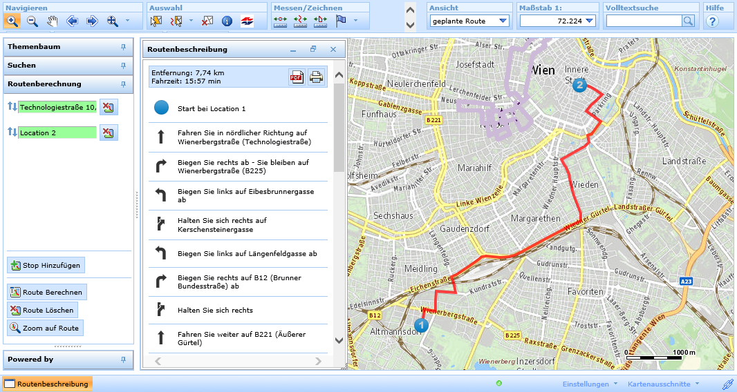 Ergebnis einer Routenberechnung im WebOffice html Client