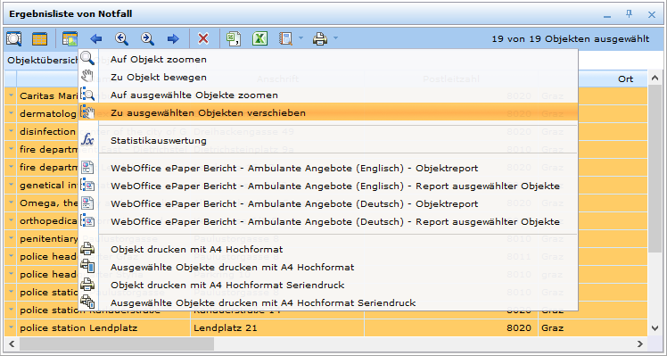 Kontextmenü der Ergebnisliste