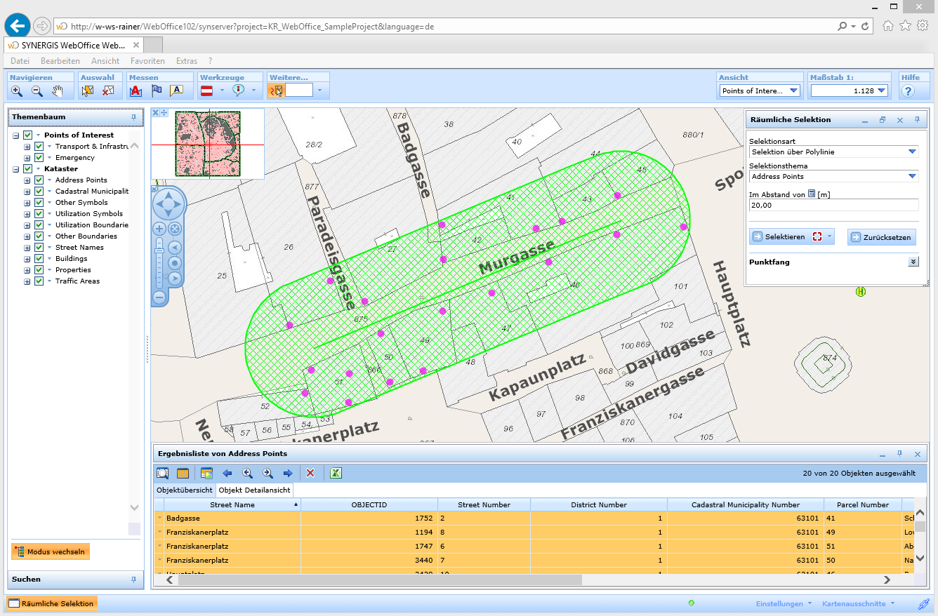 Auswahl von Objekten mit einer Polylinie und Pufferdistanz im WebOffice html client Auswahl von Objekten mit einer Polylinie und Pufferdistanz im WebOffice html client