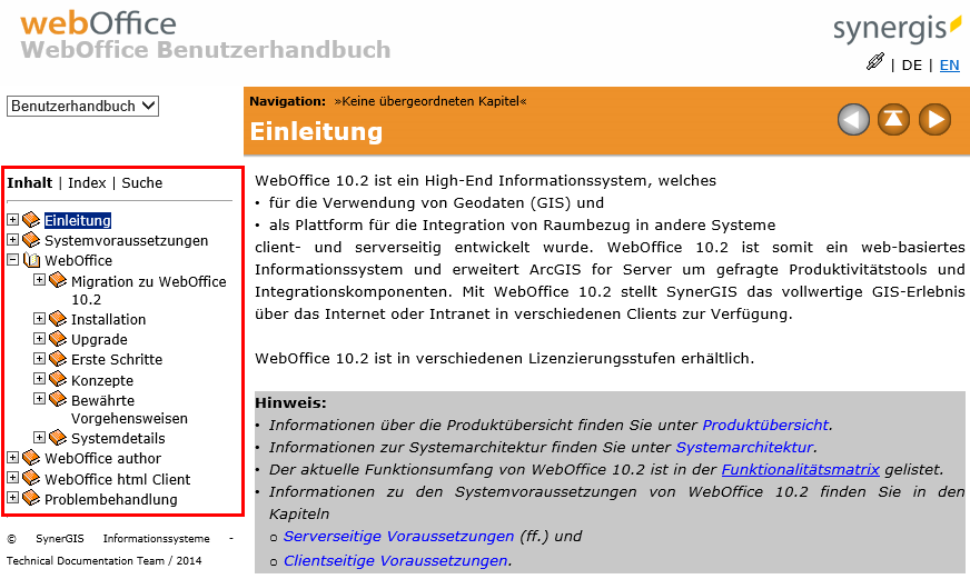Inhalt - Themenbaum der Onlinehilfe