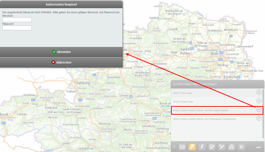 WebOffice mobile client - Authorisierungsdialog für abgesicherte Dienste