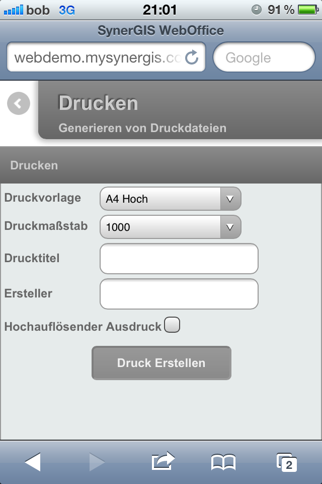 Druckdialog im mobile Client (kleines Display)