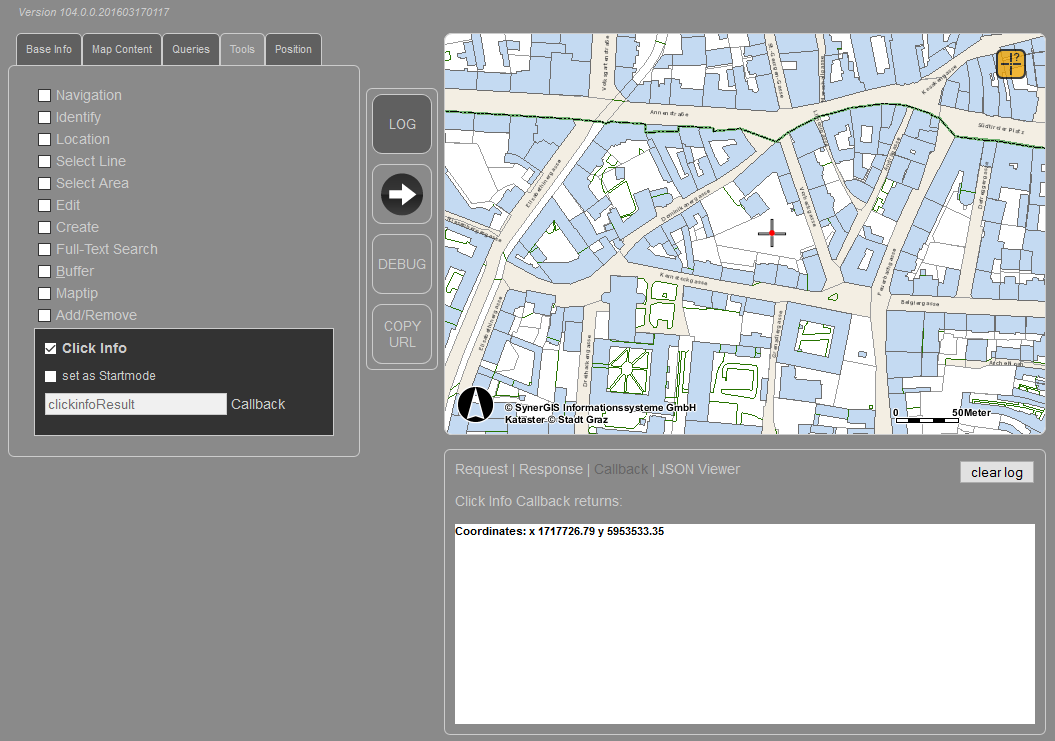WebOffice map widget Testcontainer - Werkzeug Click Info