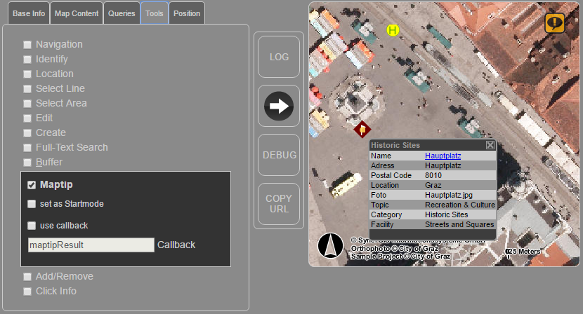 WebOffice map widget Testcontainer - Maptip Werkzeug