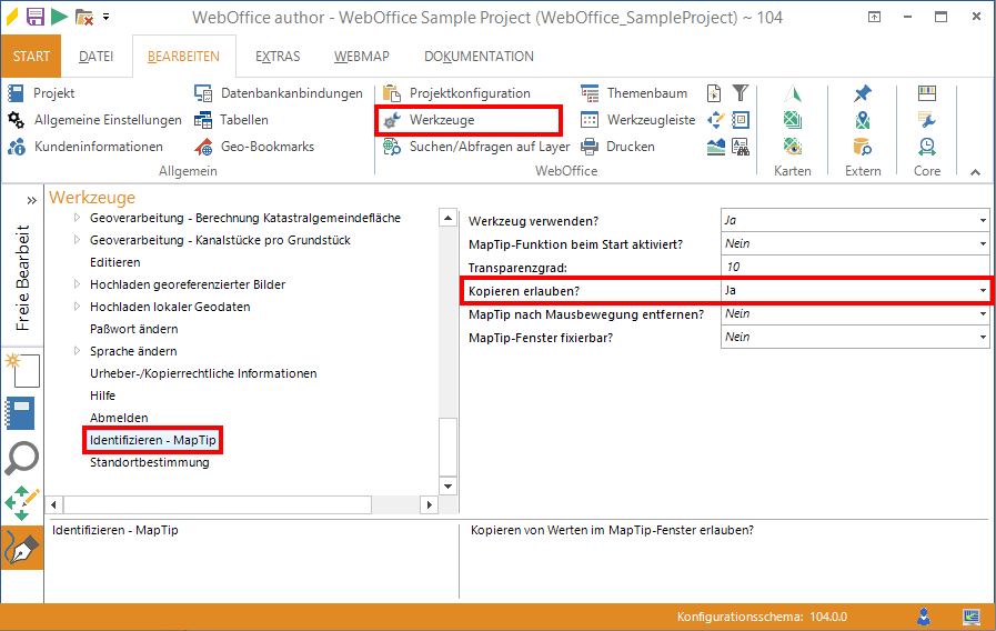 Einstellungen im WebOffice author um das Selektieren und Kopieren von Feldwerten des WebOffice map widget Maptips zu ermöglichen