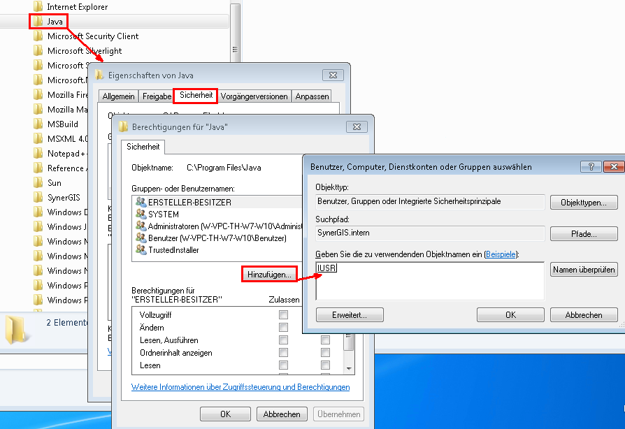 Hinzufügen von "IUSR", "Authentifizierte Benutzer" und "Netzwerkdienst"