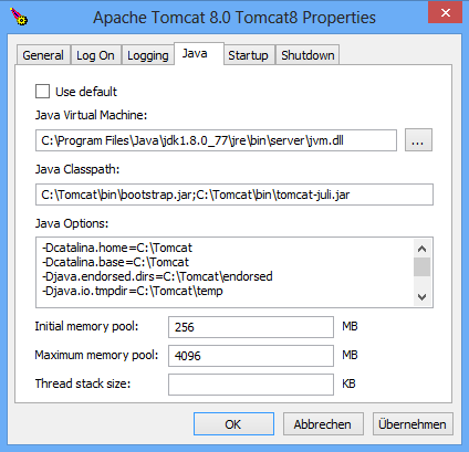 Apache Tomcat Konfiguration - Java Speichereinstellungen