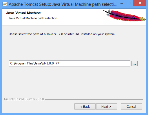 Apache Tomcat Setup - Pfad muss auf die installierte JDK verweisen