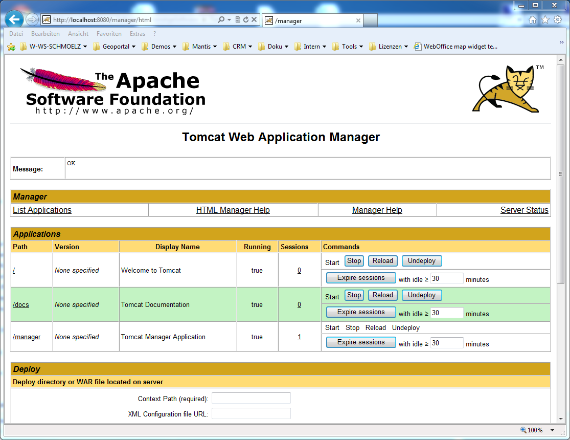 Testen der Apache Tomcat Installation