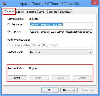 Apache Tomcat Eigenschaften - General Apache Tomcat Eigenschaften - General