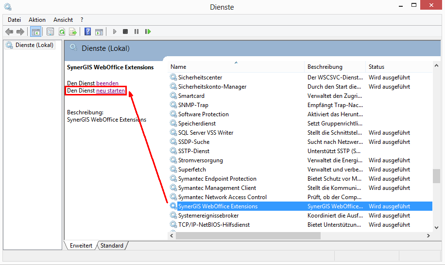 Neustart von SynerGIS WebOffice Extensions Service