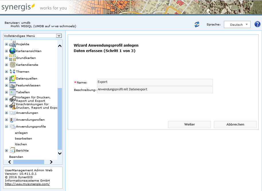 Anwendungsprofil anlegen - Schritt 1