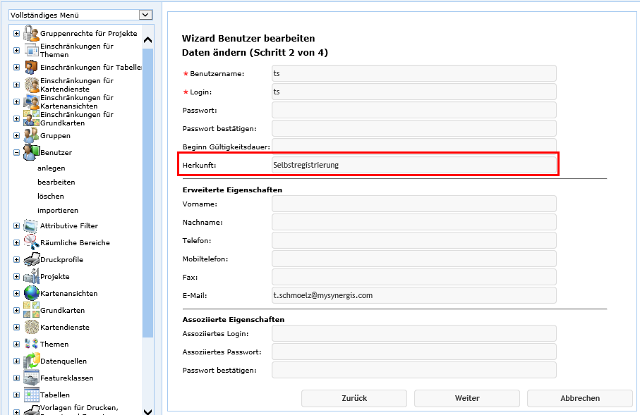 In der UM-DB gespeicherter Benutzer