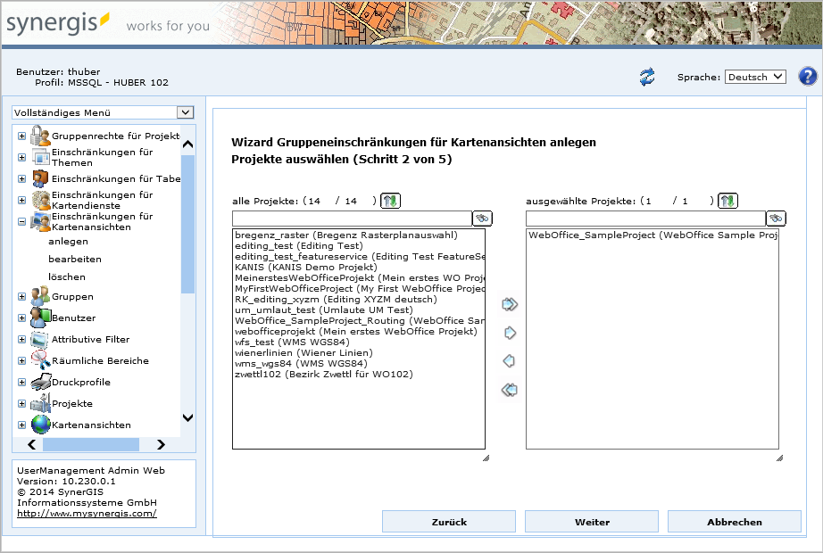 Gruppeneinschränkungen für Kartenansichten anlegen - Schritt 2 Projekte auswählen