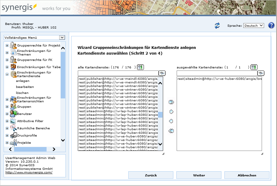 Gruppeneinschränkungen für Kartendienste anlegen - Schritt 2 Kartendienste auswählen