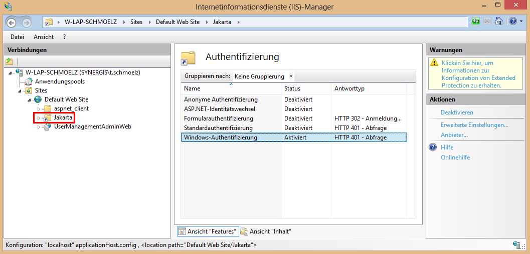 Authentifizierung des Jakarta Verzeichnisses im MS IIS Manager