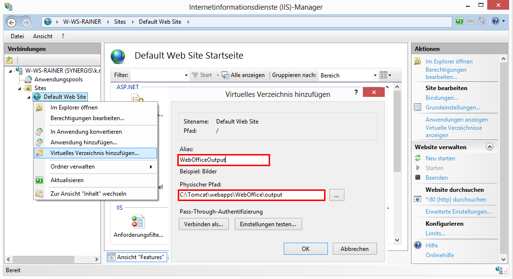 Hinzufügen eines virtuellen Verzeichnisses im MS IIS Manager