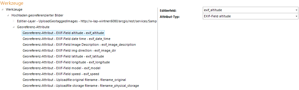 Konfiguration - Geotagging Attribute innerhalb des Hochladen georeferenzierter Bilder Werkzeuges Konfiguration - Geotagging Attribute innerhalb des Hochladen georeferenzierter Bilder Werkzeuges