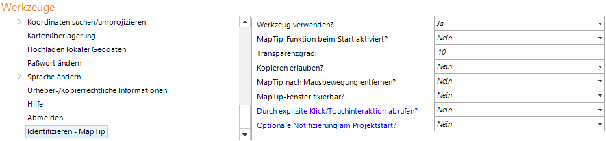 Identifizieren - MapTip Werkzeug Konfiguration