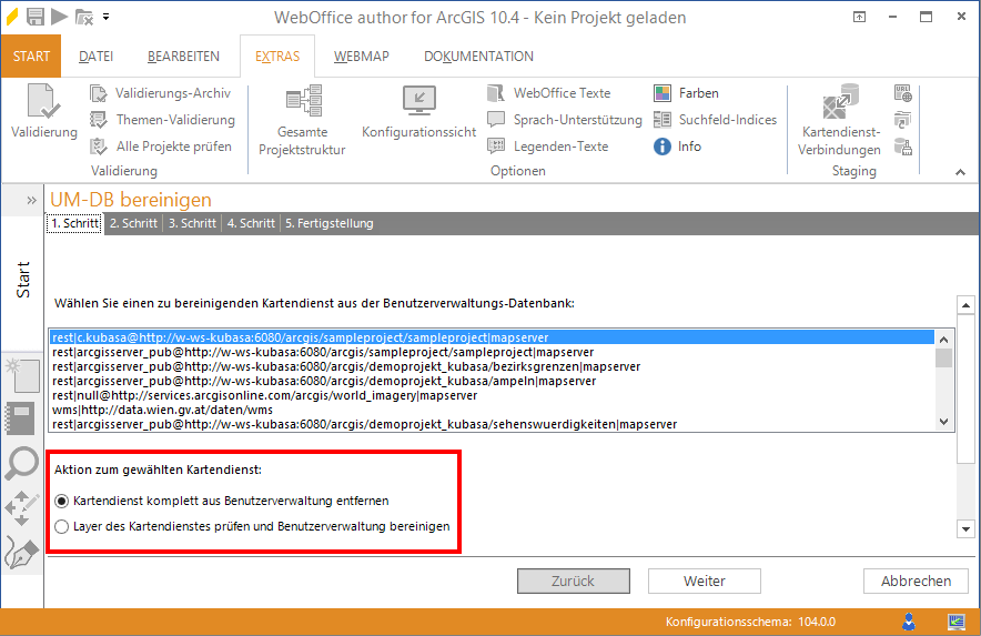 Auswahl der Aktion zum gewählten Kartendienst