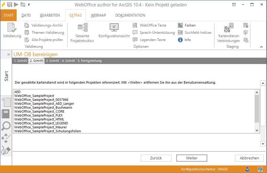 Auflistung aller Projekte in denen der ausgewählte Kartendienst referenziert wird