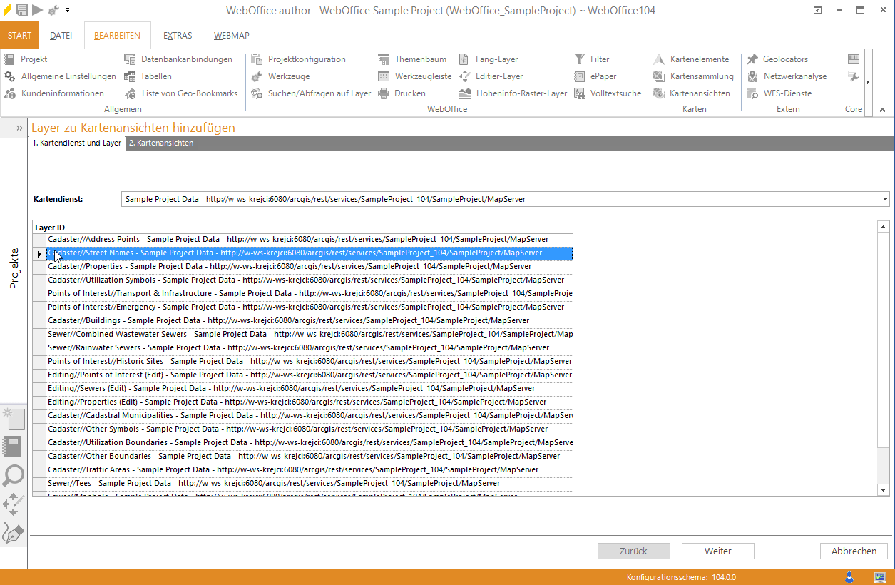 Auswahl des Layers von einem Service