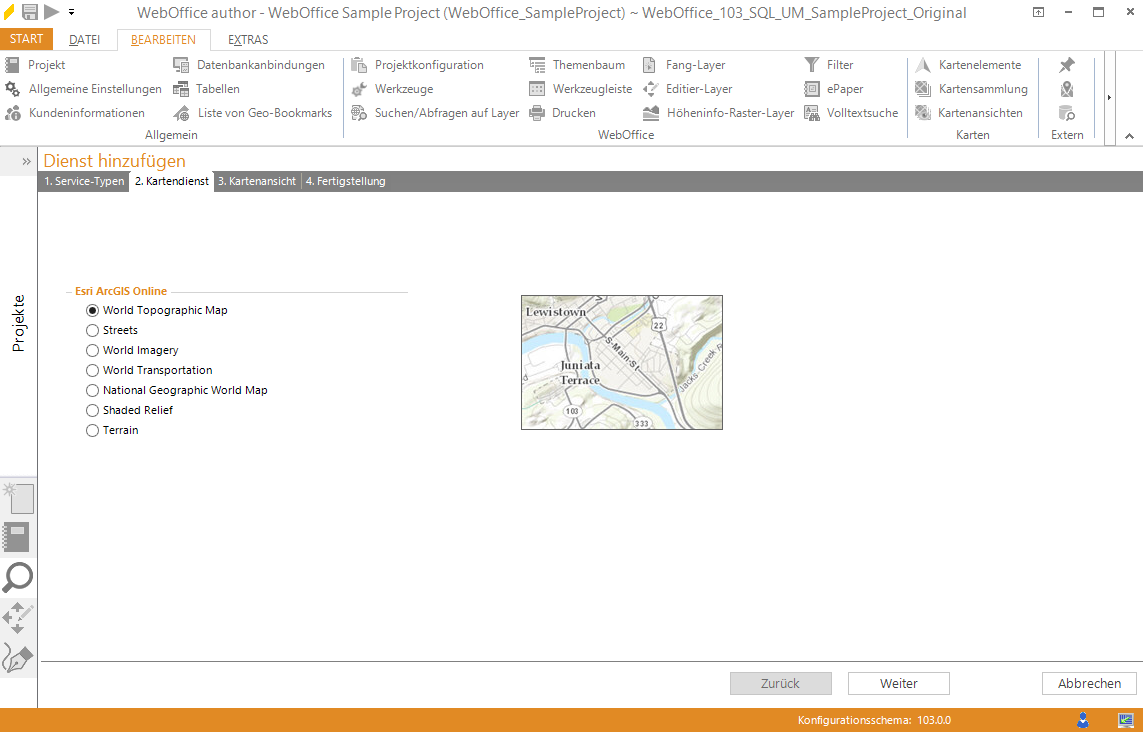 Assistent - "Kartendienst hinzufügen" - Auswahl vordefinierter ArcGIS Online Dienste