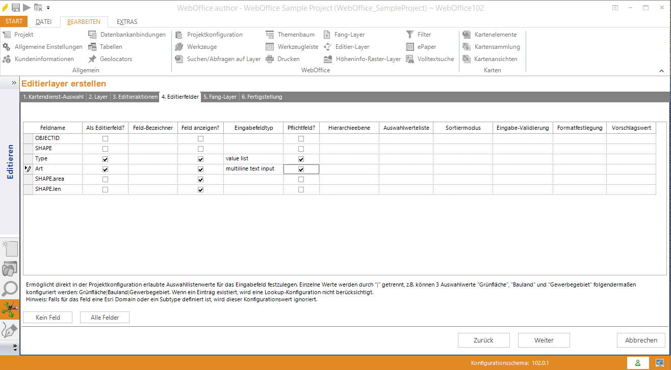 Assistent "Editierlayer erstellen" - Editierfelder auswählen