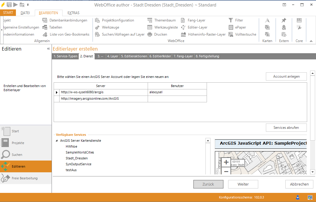 Assistent "Editierlayer erstellen" - Kartendienst auswählen