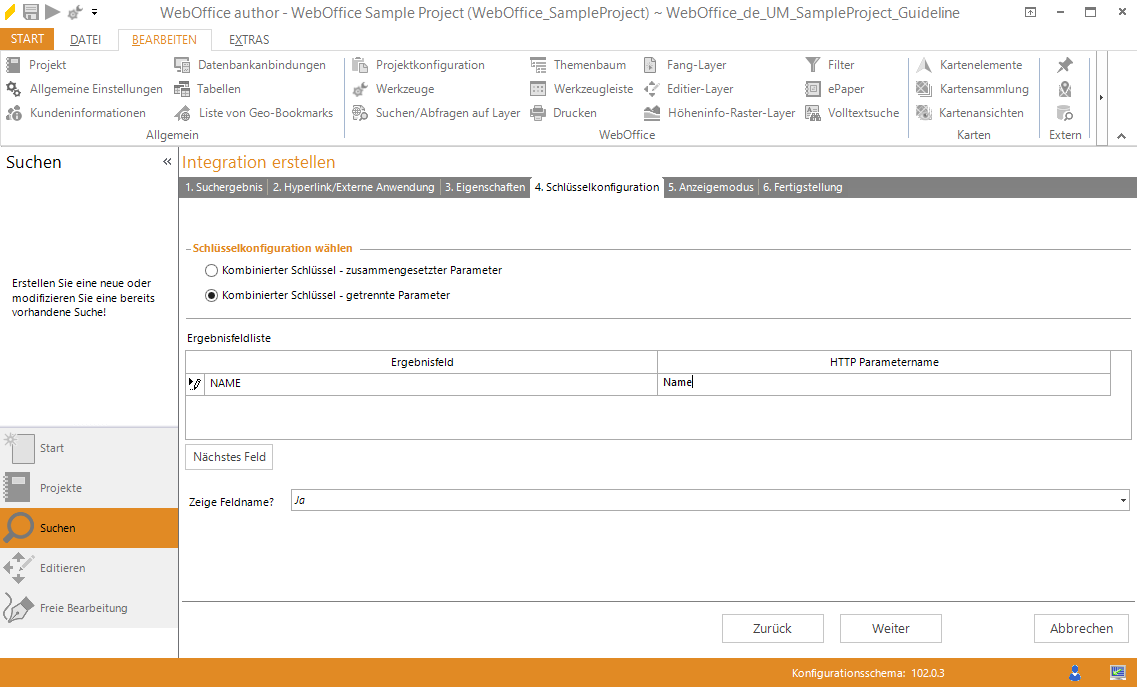 Assistent "Integration erstellen" -  Schlüsselkonfiguration für getrennte Parameter